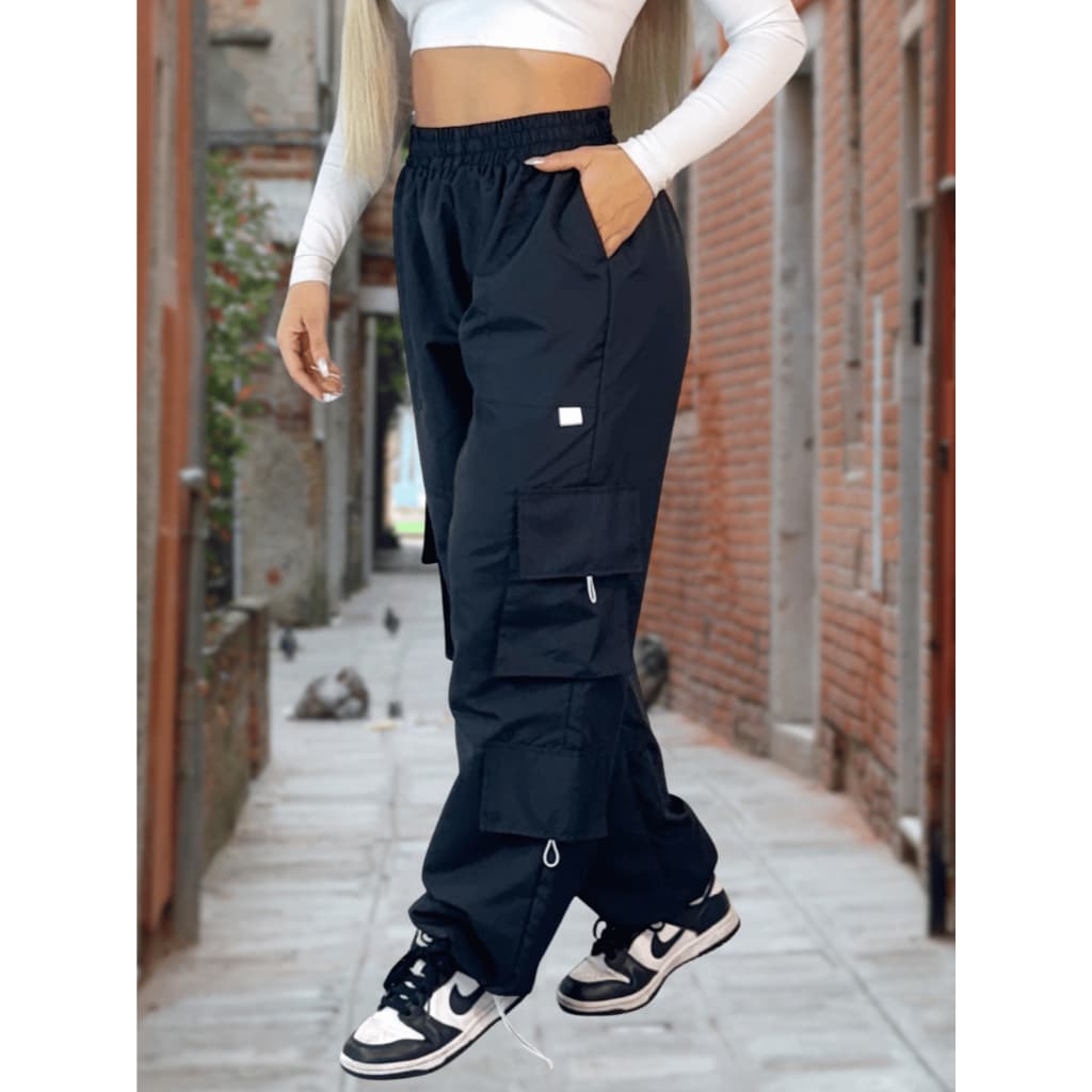 Calça Cargo baggy Preta Boca Larga Unissex