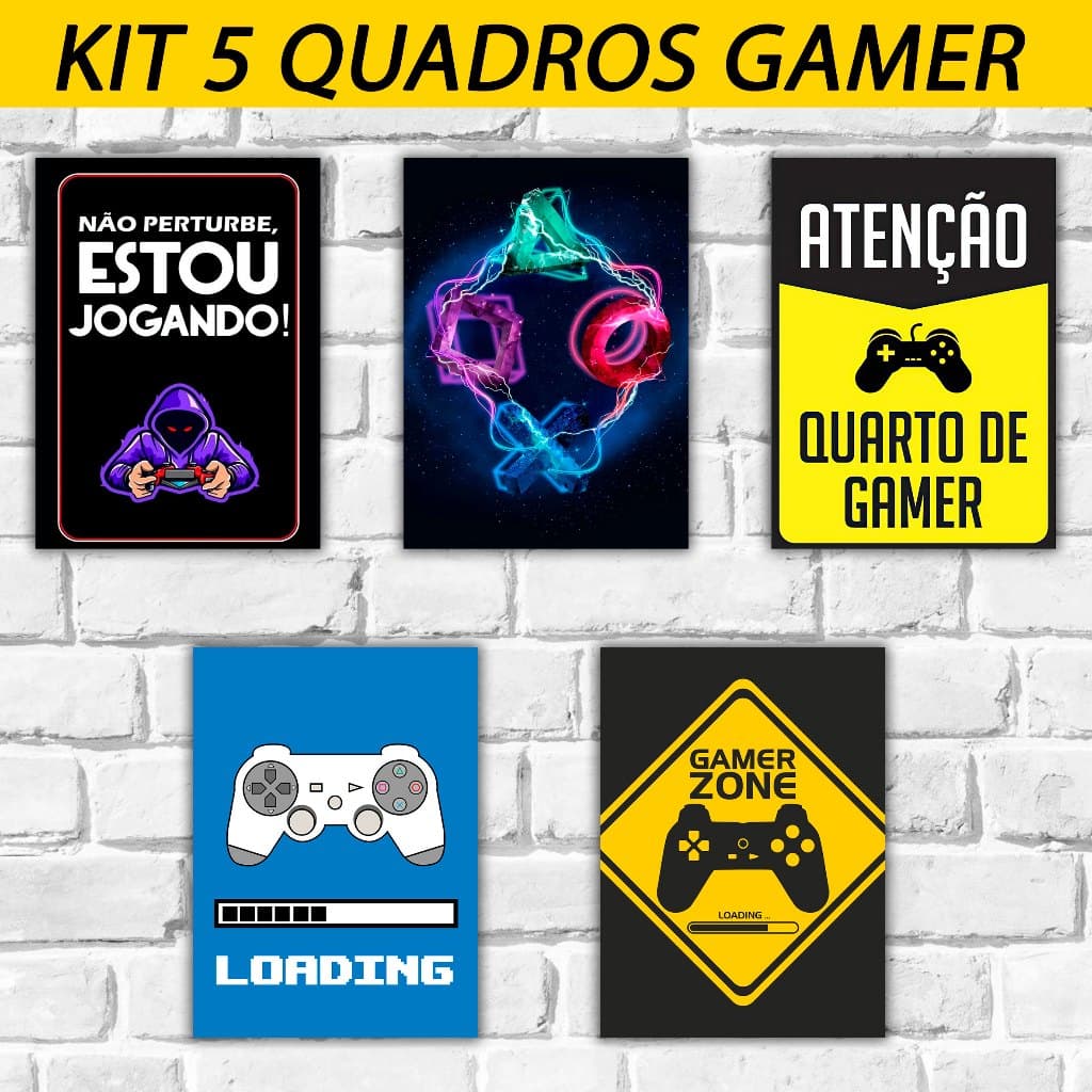 Kit 5 quadros gamer videogame 14x20 retro frases gamer jogos quadro geek quadro para quarto