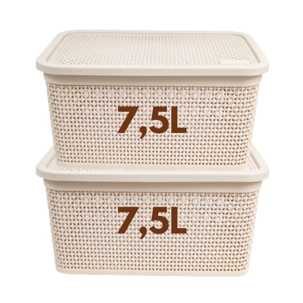 Kit 2 Cestos Caixa Organizadora Rattan 7,5 Litros com Tampa Alças Laterais