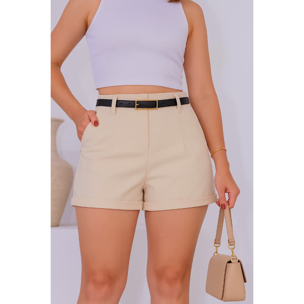 Short Feminino Alfaiataria Social com Cinto cintura alta com bolso tendência