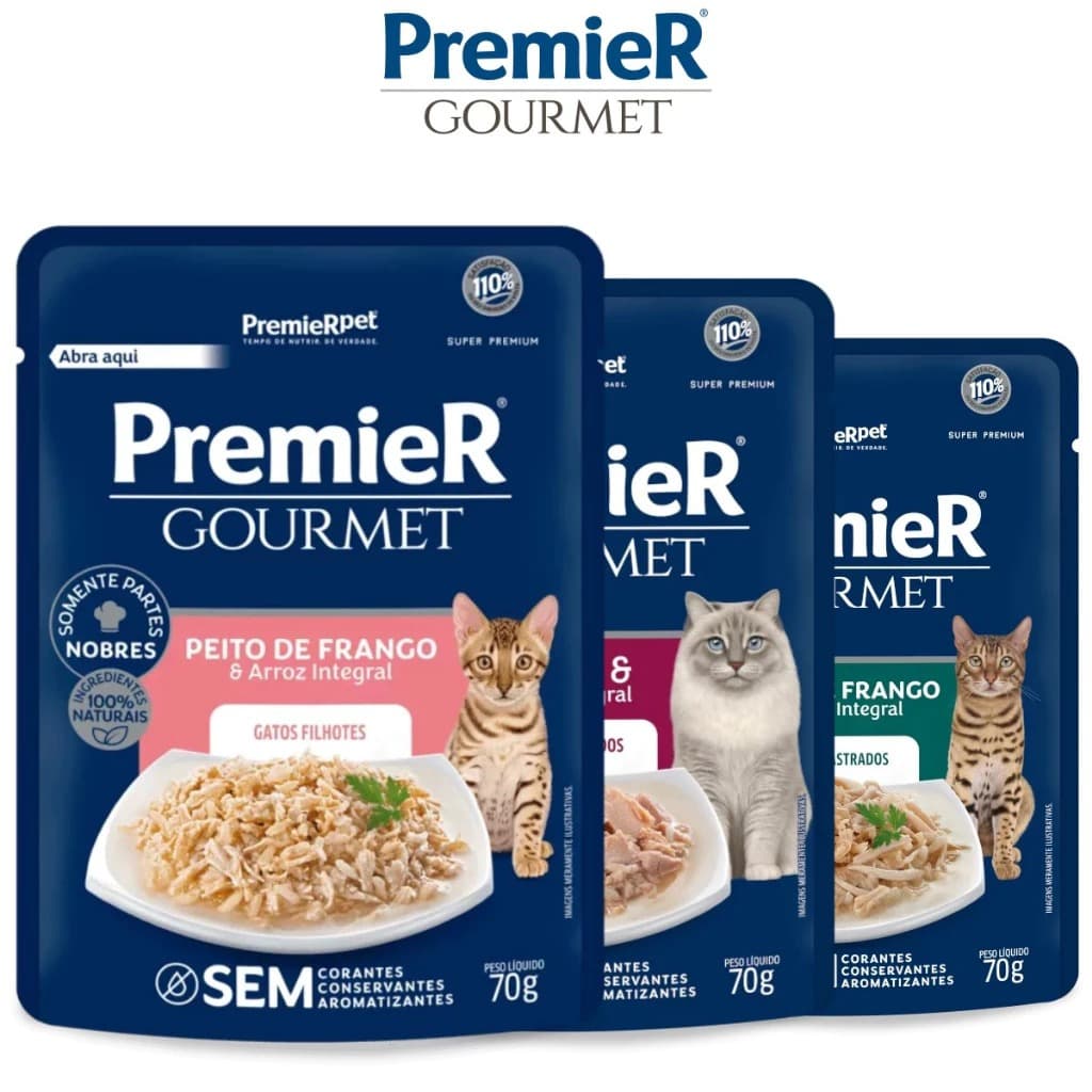 Kit 10 ou 20 Sachês Premier Gourmet Gatos Castrados Atum, Peito de Frango, Carne e Filhotes