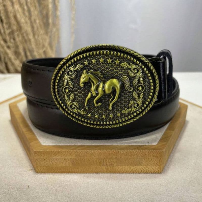 Cinto Country Grosso Preto Fivela Oval Cavalo Completo Unissex