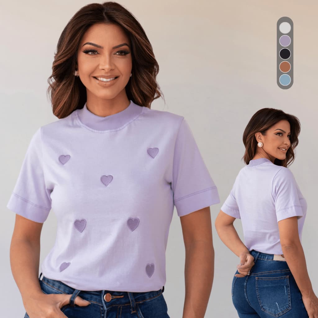 Blusa Feminina Coração Bordado Lilás T Shirt Estampada Camiseta Casual Fashion Moderna