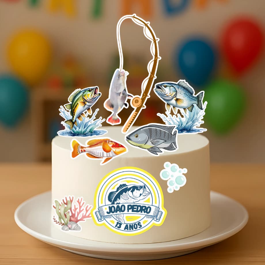 ENVIO RÁPIDO - Topo de bolo Pescaria /pesca / Personalizado - Mesversário