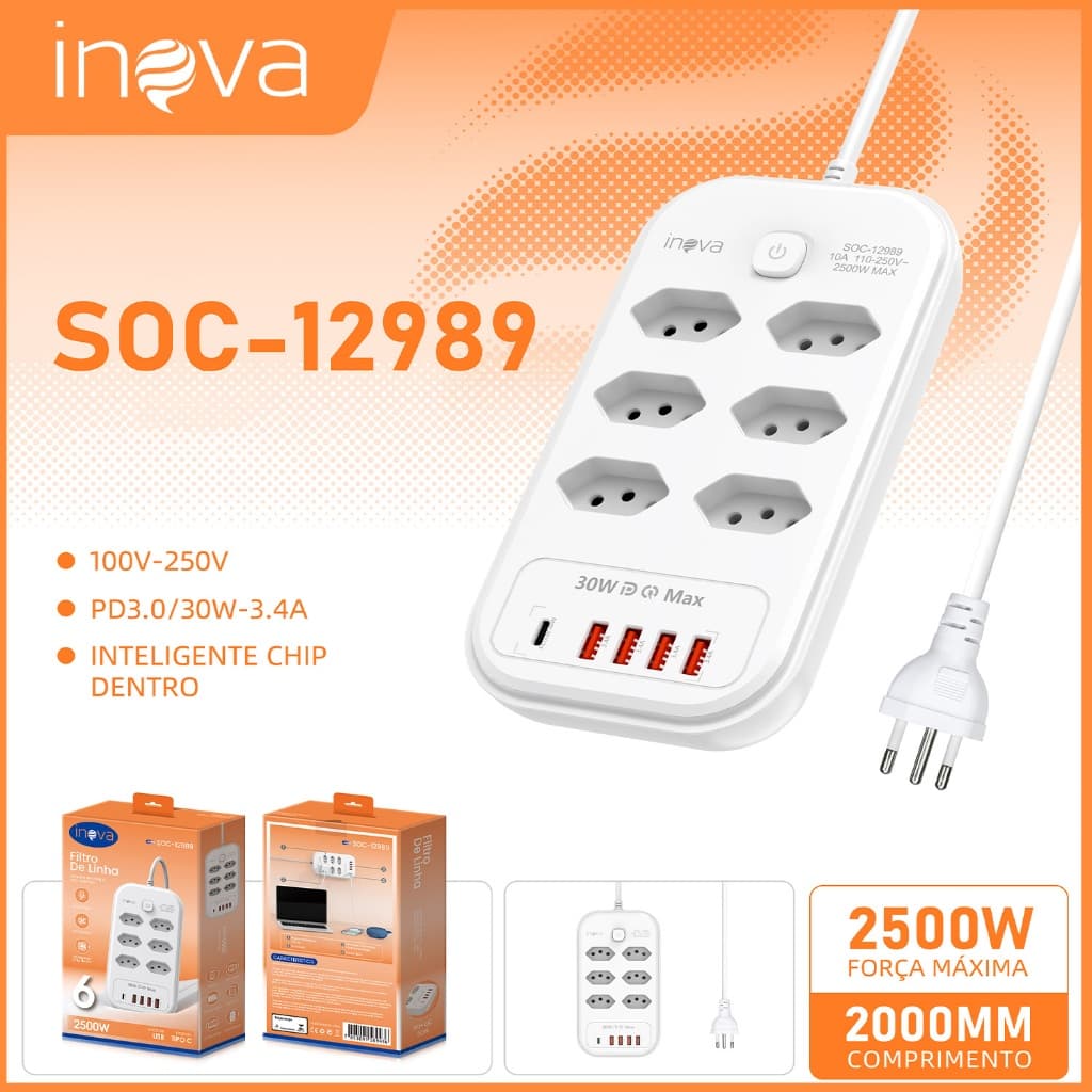 INOVA estensor tomada inteligente Extensão Tomada, Régua Tomada, Régua Energia 2500W 6 Tomadas