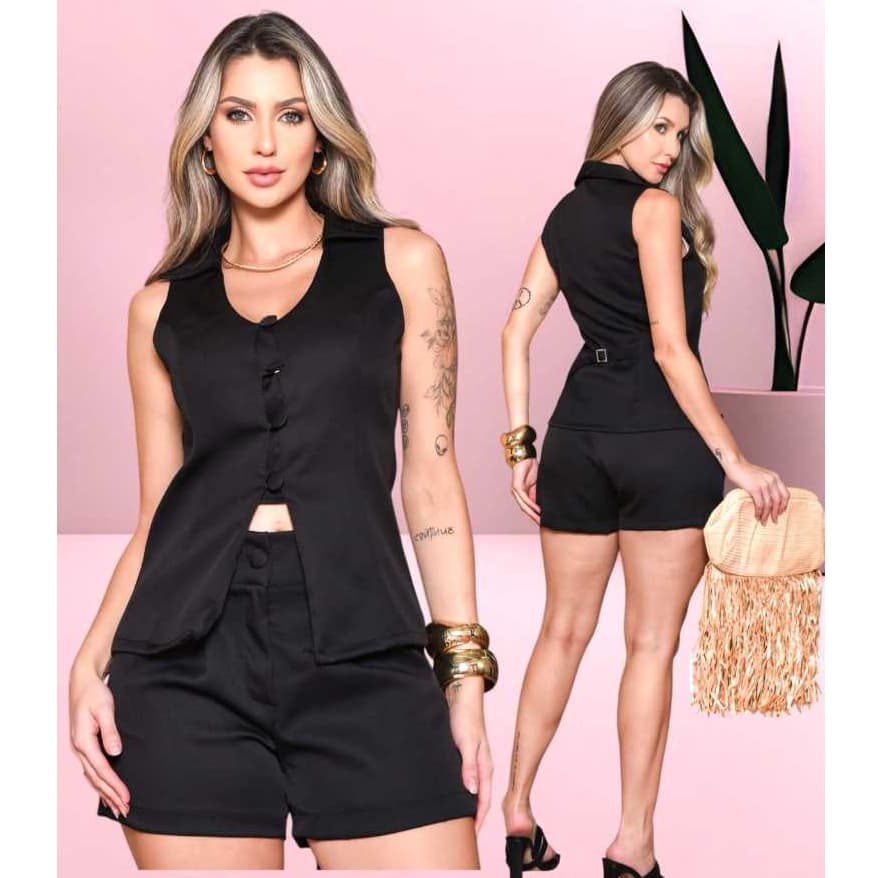 Conjunto Colete + Short Estilo Elegância em Moda Feminina Moderna com Botões Forrado regulagem em lãs Costas