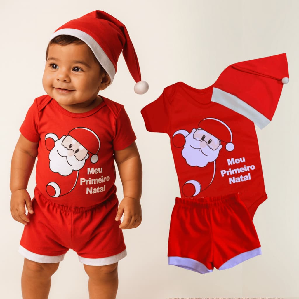 kit conjunto 3 peças meu primeiro natal, body + gorro + short, roupa bebê menino menina 100% algodão