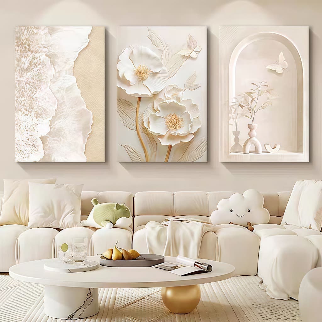 Kit 3 Quadros Decorativos Dourado Flores Borboletas Natureza Tons Suaves 120x60cm Decorar Sala Quarto Escritorio​