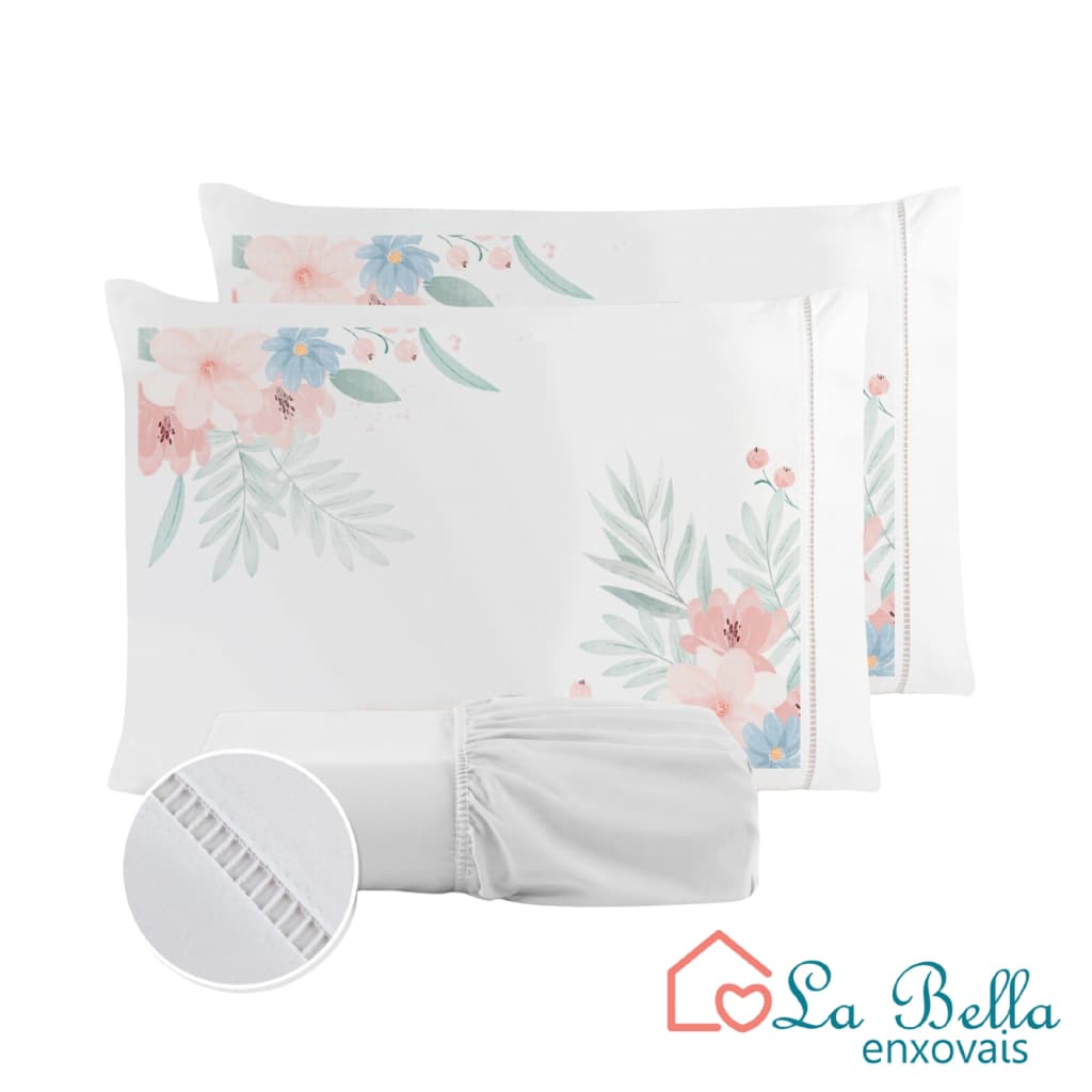Jogo de Lençol Fronha Flor Rosa Estampada Micropercal 400 Fios Ponto Palito - ÚLTIMO LANÇAMENTO