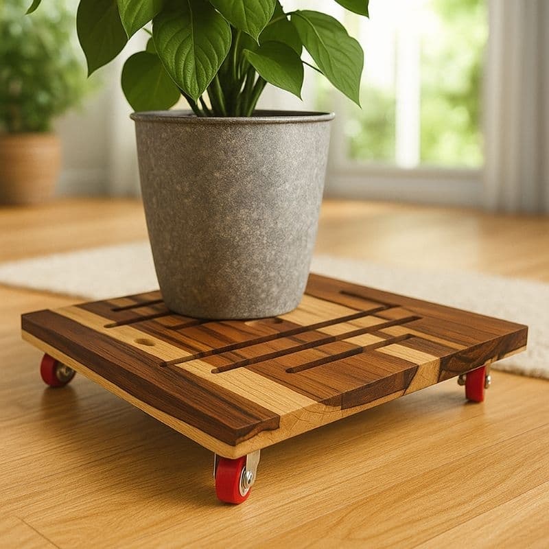 Suporte em Madeira Quadrado Para Vaso de Planta com Rodinhas 30cm