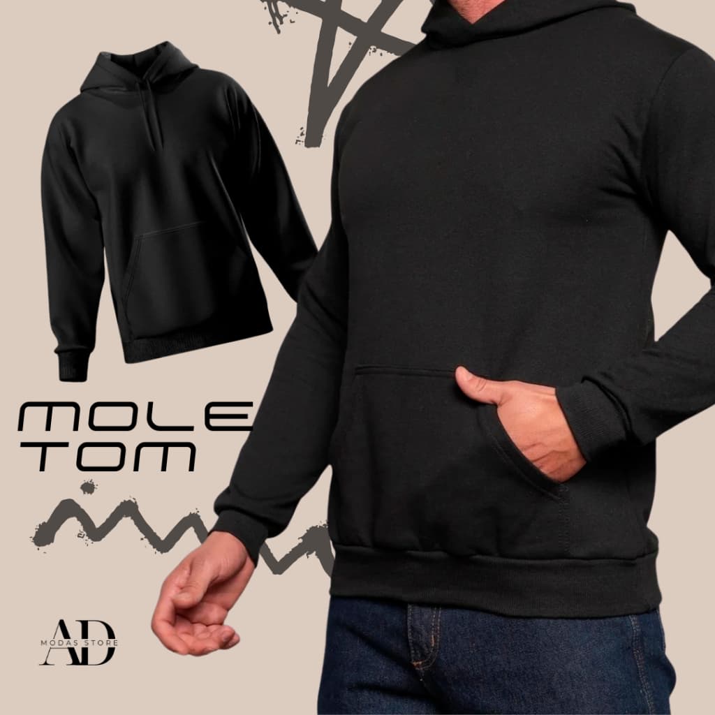 MOLETOM CANGURU UNISSEX ALGODAO LISO COM CAPUZ SEM CORDÃO PRETO+