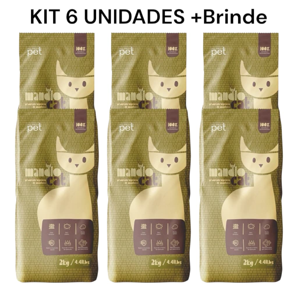 KIT COM 6 AREIAS HIGIÊNICA BIODEGRADÁVEL DE MANDIOCA 2KG CADA PACOTE - MANDIOCAT - GANHE UM BRINDE