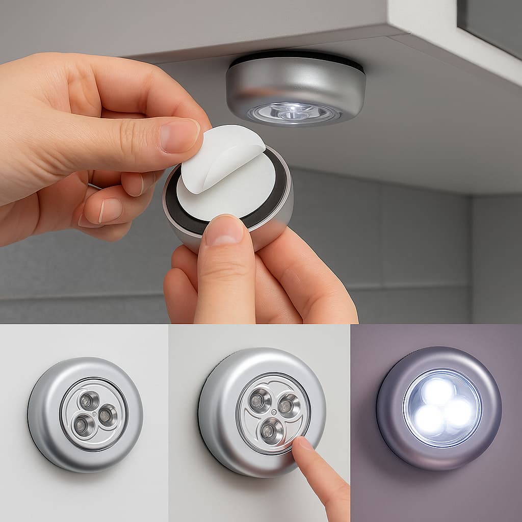 Até 3 Luminária LED de Toque Sem Fio 3 LEDs Adesiva P/ Armário, Escada, Guarda-Roupa e Emergência