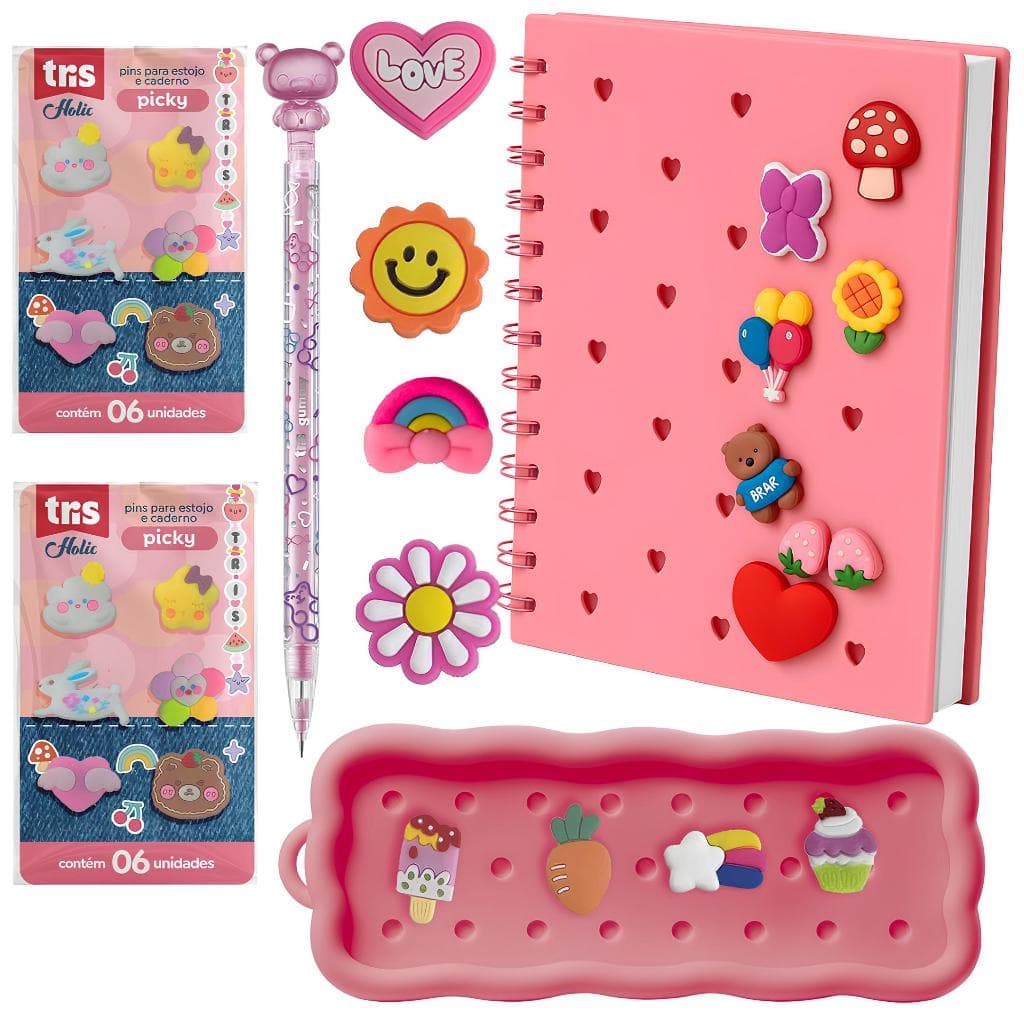 Kit Caderno Com Estojo Personalizável+Lapiseira+ Jibbitx Jibbitz– Estilo Crocs Na Papelaria-Linha Tris Holic