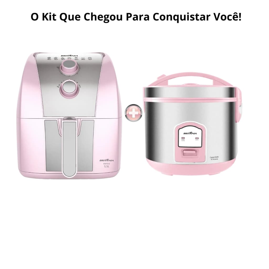 Fryer Rosa Britânia 5,5L Sem Óleo 1500W BAFE53+Panela de Arroz Elétrica Rosa Britânia 10 Xícaras BPAE10C 220V
