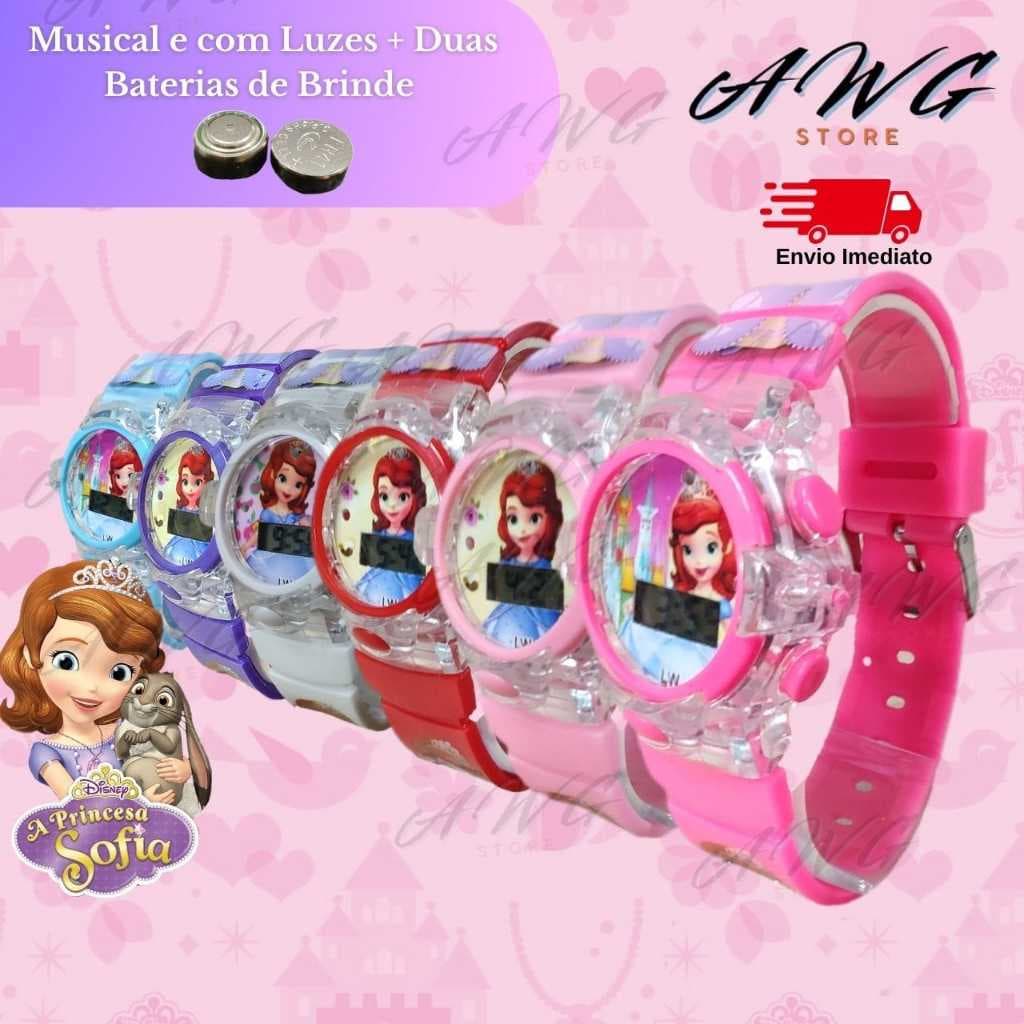 Relógio Infantil Princesa Sofia Digital com LED Músical + 2 Baterias Extras
