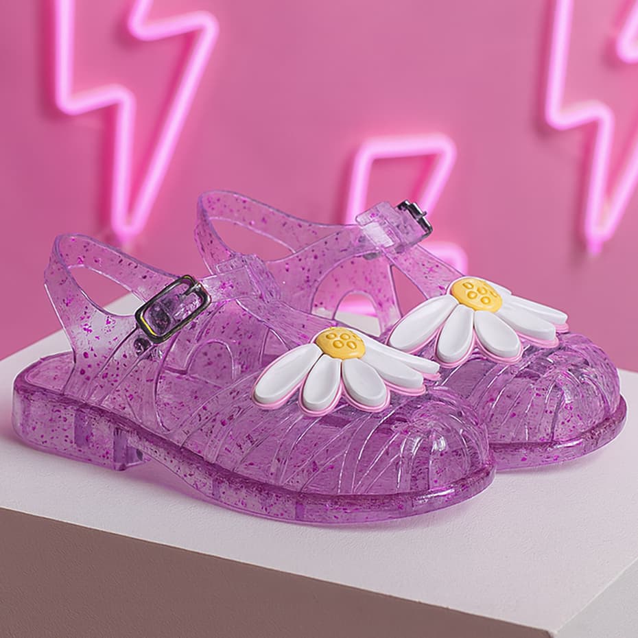 Sandália Infantil Feminina Kids Florzinha Com Glitter Papete Confortável e Leve