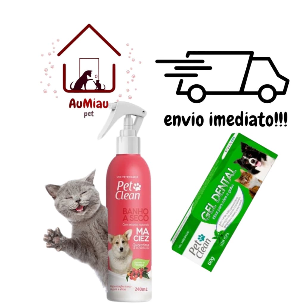 Kit Banho a Seco Maciez + Gel Dental Menta Pet Clean para Cães e Gatos