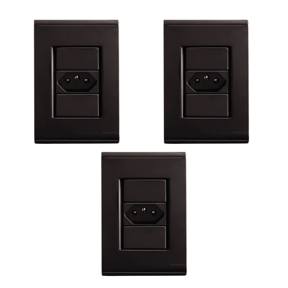 Kit 3 Conjunto 1 Tomada Simples 2P+T 10A 250V Tramontina Linha Liz Grafite Preto Escuro Casa Escritório Iluminação