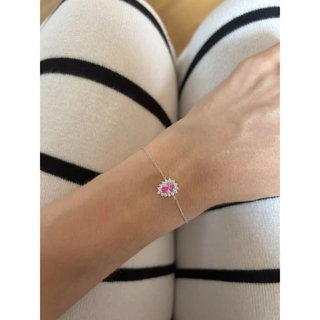 Pulseira Feminina Prata 925 Gotinha Pink Cravejado Exclusiva Jóia
