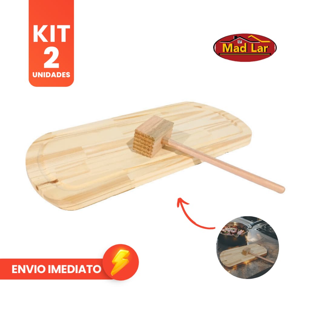 Kit Tábua de Carne Madeira e Martelo Bate Bife