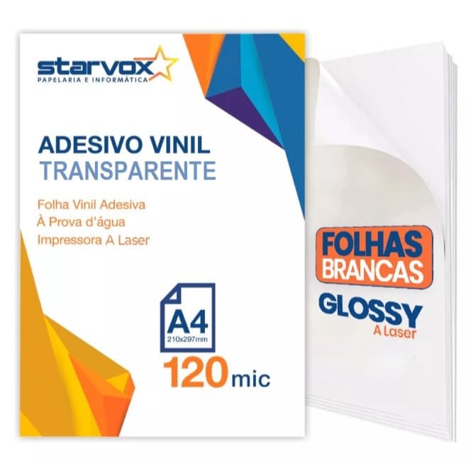 Adesivo Vinil Transparente p/Impressora LASER A4 210x297mm 10 folhas Starvox