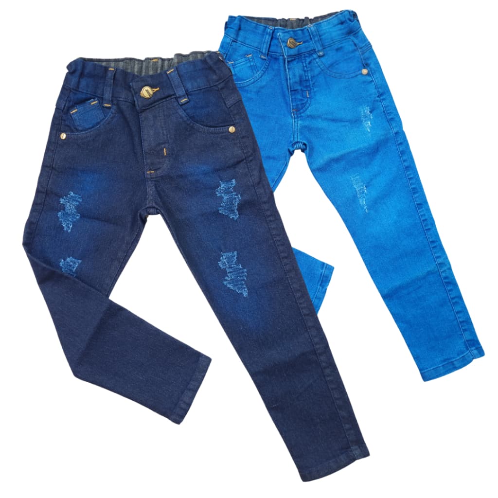 Calça Jeans Infantil Masculina Slim com Regulagem Rasgada Puída Destroyed – Menino 2 a 6 anos