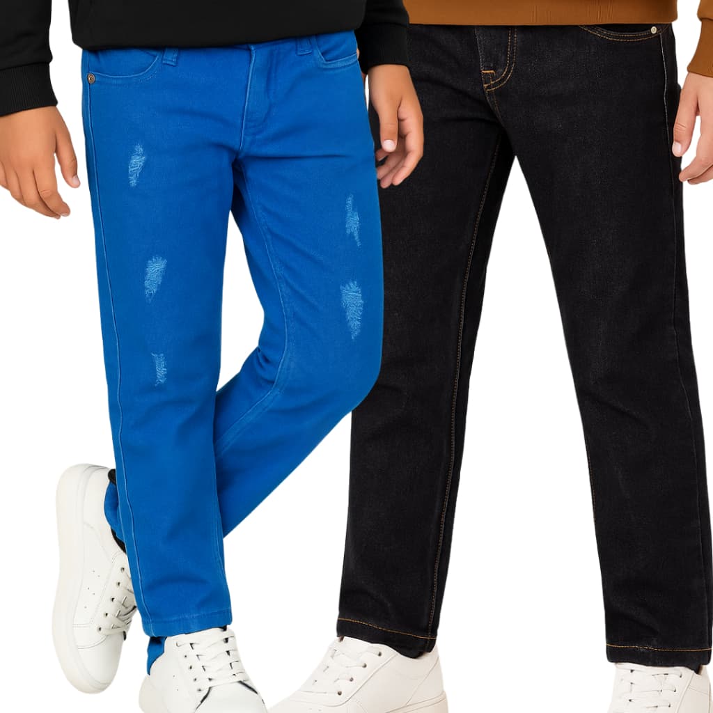 kit 2 calças Juvenil e Infantil Tradicional  Lisa + Rasgadinha com Lycra e Regulador do 02 ao 6 anos