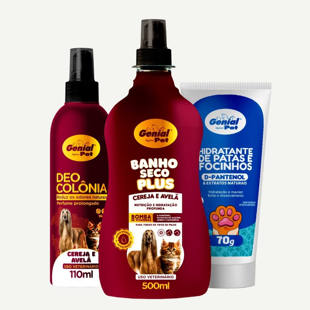 Kit Banho a Seco Spray Sem Enxágue 500 ml, Perfume Colônia Cereja e Avelã Pet Shop Hidrata Focinho e Patas - Genial Pet