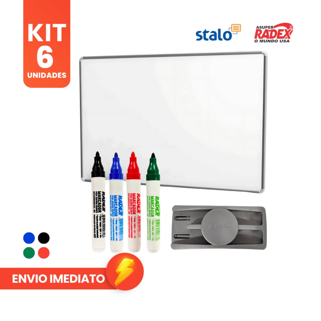 Kit Quadro Branco 60x40cm + Apagador + 4 Marcadores para Quadro Branco