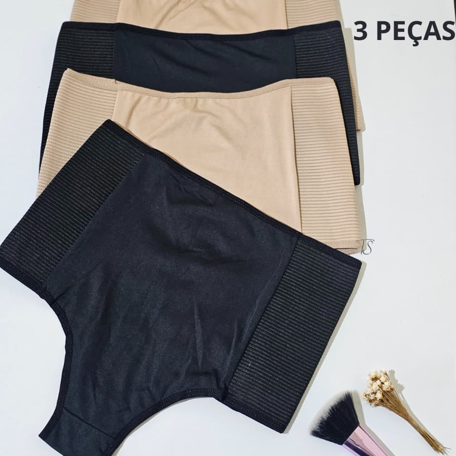 Kit 3 Calcinha Seca Barriga Cinta Modeladora Elastico Reforçado Lateral Cintura Compressão Cos Alto Redutora De Medida