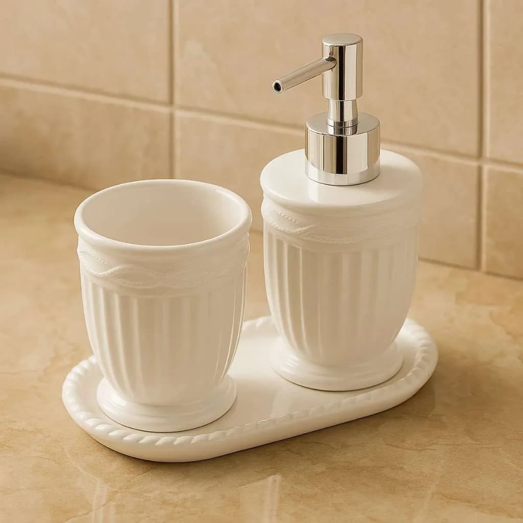 Jogo Com 3 Peças Para Banheiro Lavabo Branco em cerâmica com bandeja luxo retro