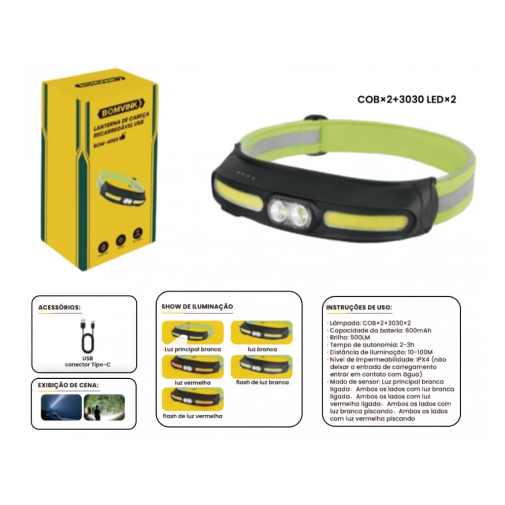 Lanterna de Cabeça Recarregável USB 500 lm IPX4 com Sensor COB BOM 4009