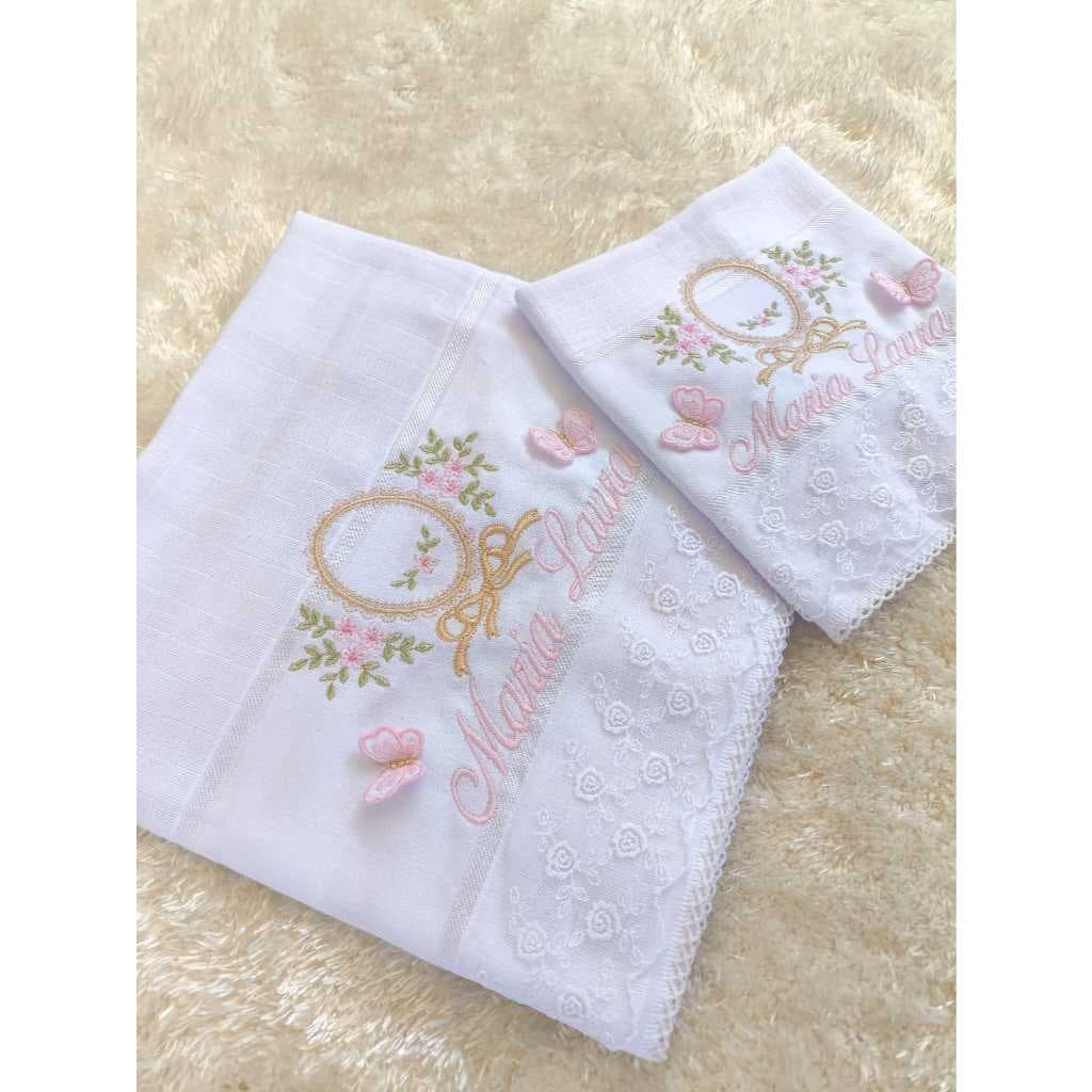 Kit fralda  luxo Mabber barra voil boca e ombro personalizada com nome