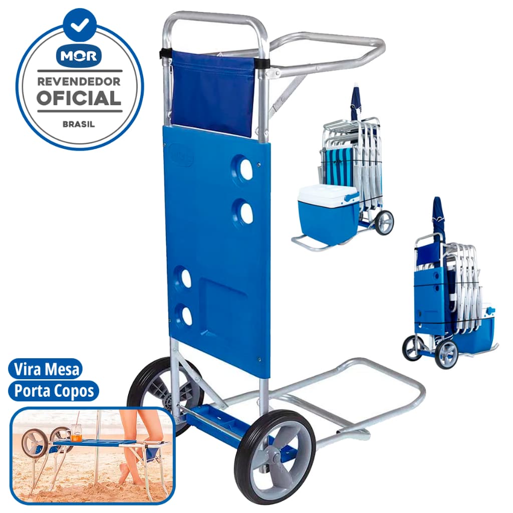 Carrinho De Praia Mor Azul Vira Mesa Com Avanço Para Caixa Térmica Cooler Guarda Cadeira guarda sol
