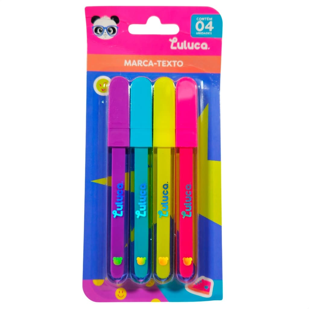 Kit Marca Texto Luluca 4 Cores Neon Pastel – Caneta Marcador Escolar Atóxico