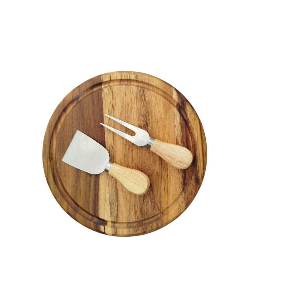 Tábua Gourmet Queijos/frios + kit Queijo 2 Peças Madeira Teca
