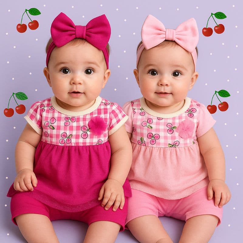 Conjunto de Bebê Roupa de Menina Regata Cereja Tule com glitter Short Infantil