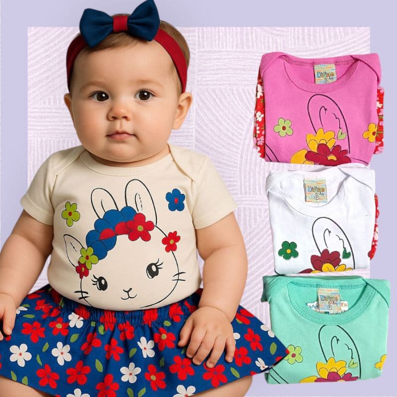 Conjunto Body Mais Saia Bebê Baby Menina Coelhinha  Coelho 100% algodão Roupa de Menina Fashion Páscoa Mesvesario