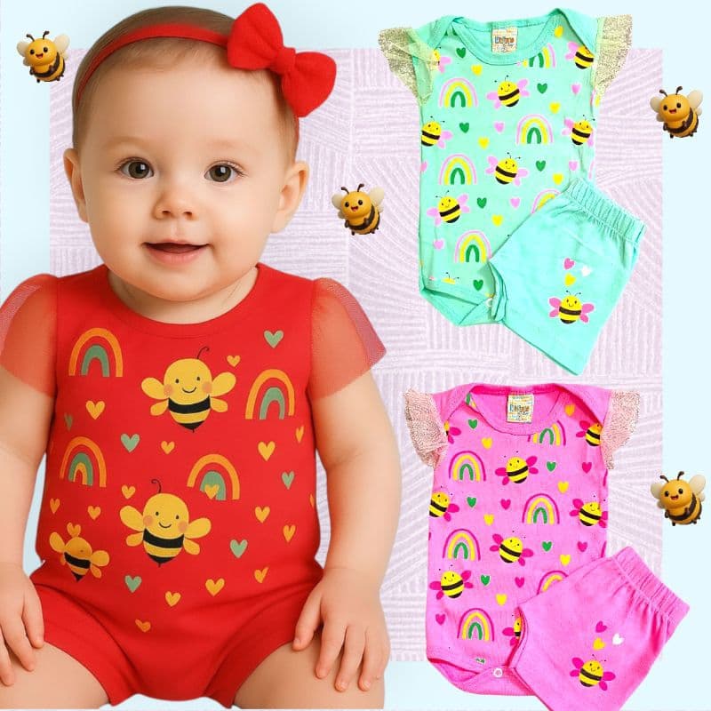 Kit Body e Short Bebê baby infantil Menina Abelhinha 100% Algodão Manga Tule
