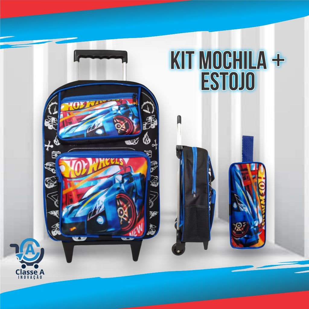 Kit Escolar Completo Mochila Costas e Carrinho Hot Wheels Masculino