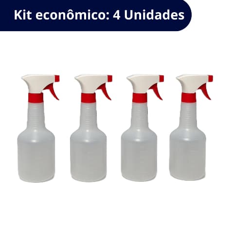 Kit 4 Borrifadores 500ml com Válvula 3 posições - Pulverizador Regulável em Spray ou Jato
