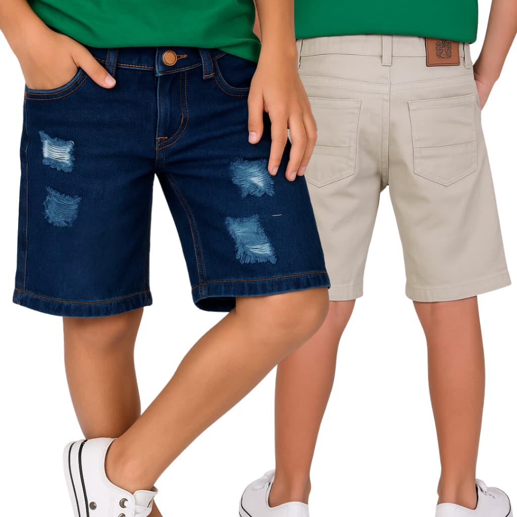 Kit 2 Bermudas Jeans Infantil Masculina – Short Rasgado Puído + Jeans Sarja Menino de 8 a 16 anos