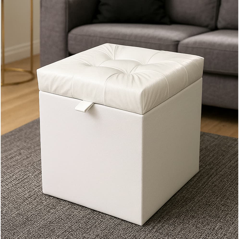 Puff Baú Estofado em Corino Decorativo Quadrado 100% MDF – Branco