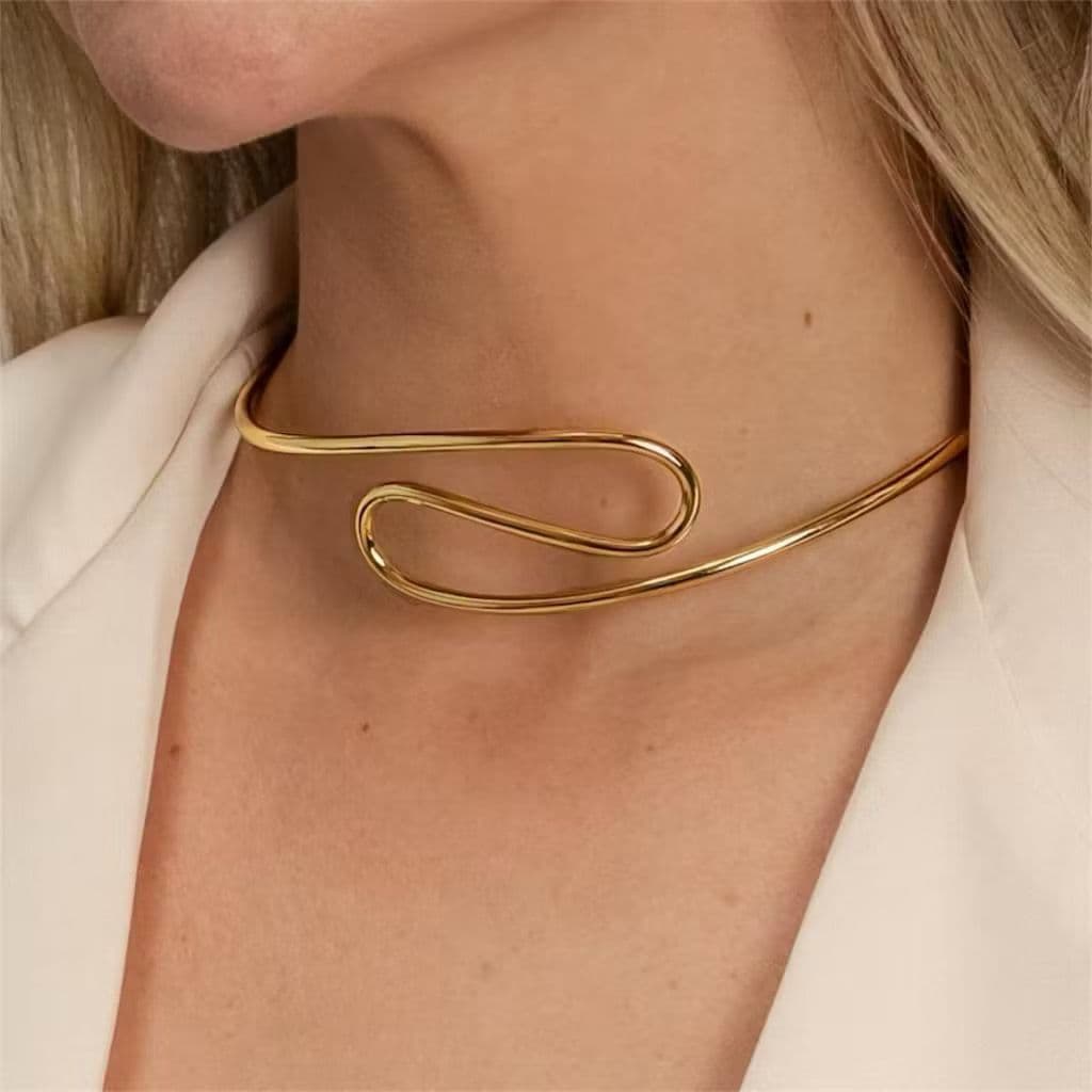 Colar Choker Aro Feminino Orgânico Folheado Moda Mulher Elegante BJ152