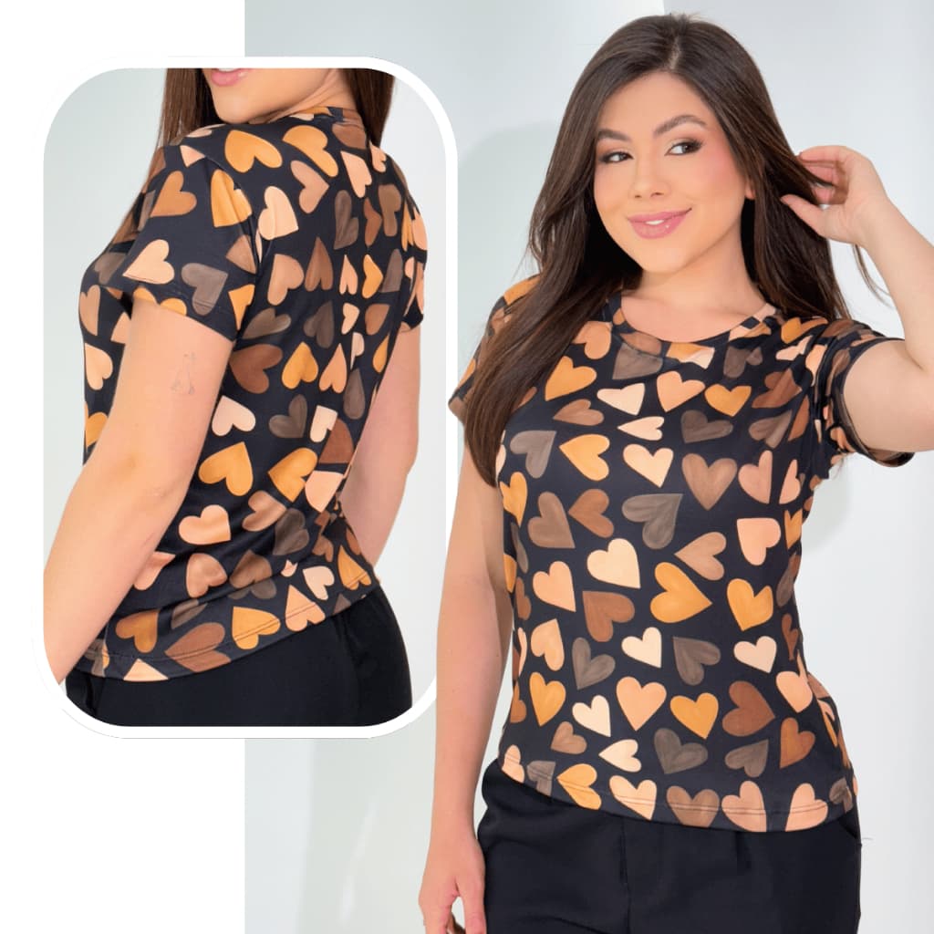 Blusa Coração Feminina Camiseta T-shirt Estampada Corações Blusinha Manga Curta