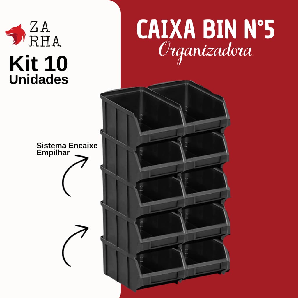 Caixa Bin Nº 05 Preta MAGUS com 10 Unidades – Empilhável, Trava Lateral e Plástico Resistente
