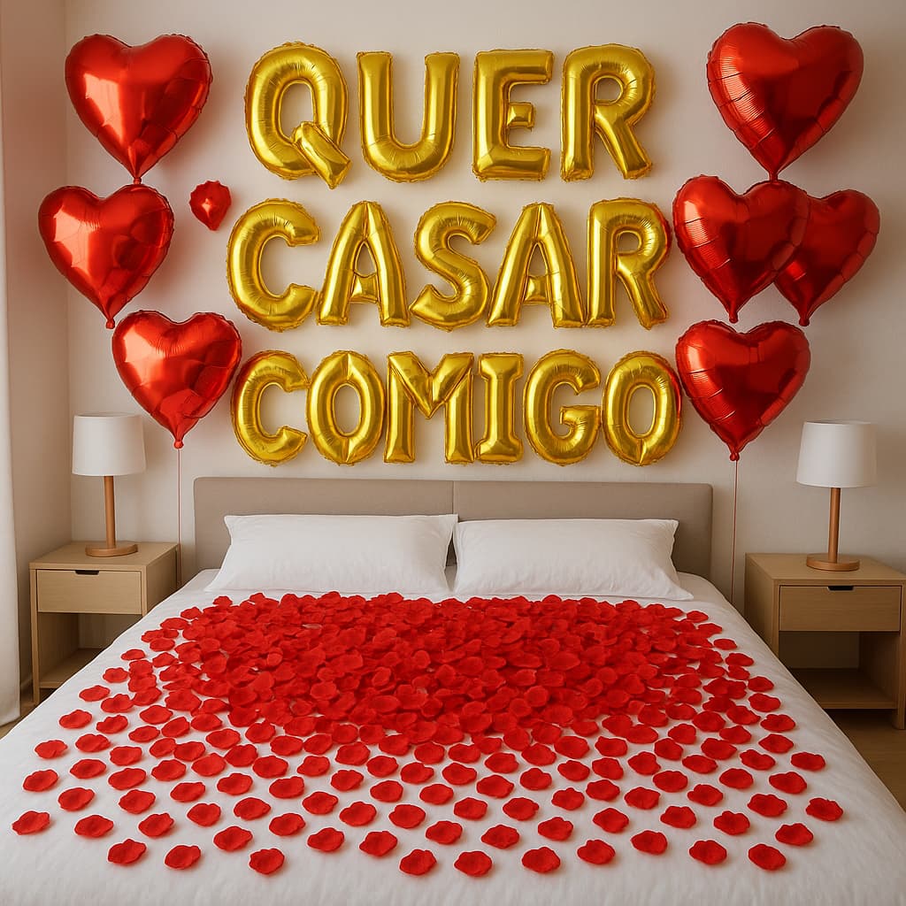 Kit Quer Casar ou Namorar Comigo + 1.000 Pétalas de Rosas Artificiais + 20 Velas + 15 Balões Coração.