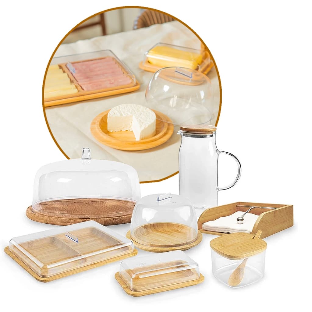 Kit 7 Itens Mesa Posta Sense Em Bambu Decoração Jarra Queijeira Manteigueira Açucareiro