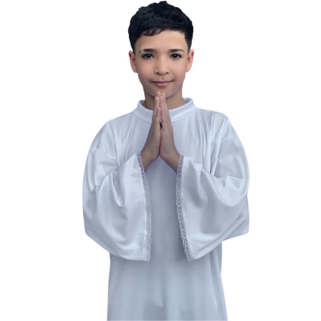 Túnica Fantasia de Anjo Infantil de Helanca Branco Bata Manga Longa Coroação Batizado